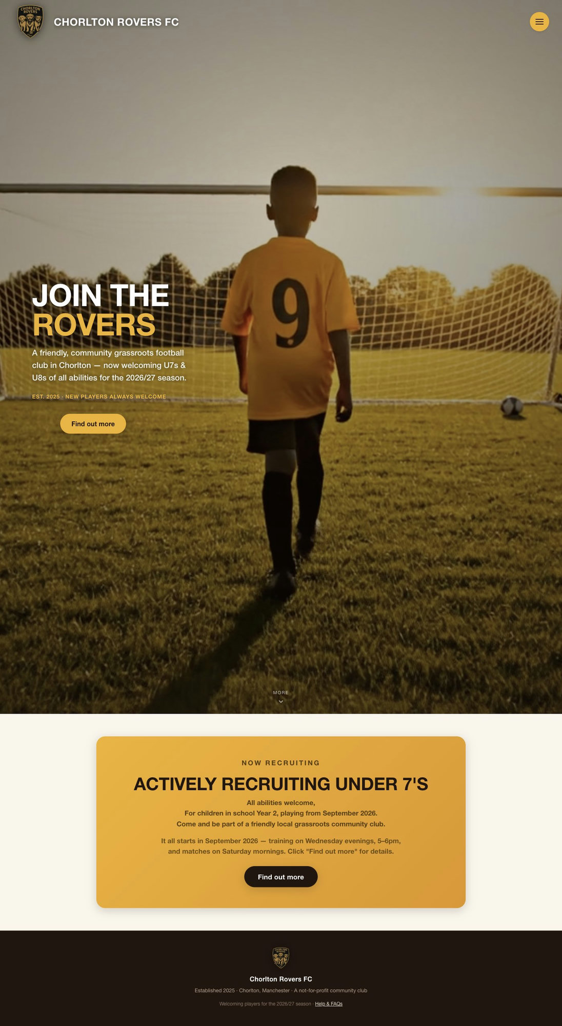 Full Chorlton Rovers website homepage showing the Join the Rovers introduction and registration call to action