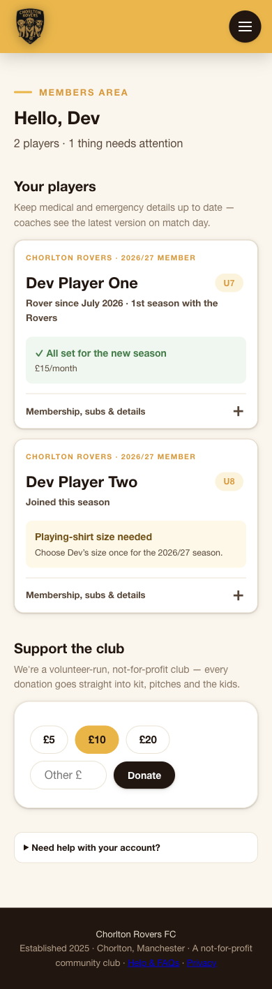 Full mobile My Rovers page with fictional development players and their current membership status